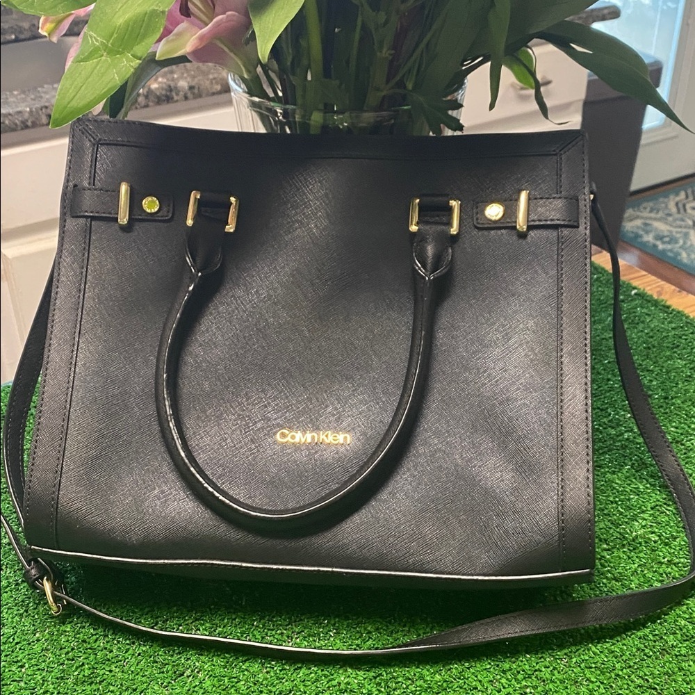 Calvin Klein Black Structured Satchel Bag w/ Top Handles & Crossbody Strap